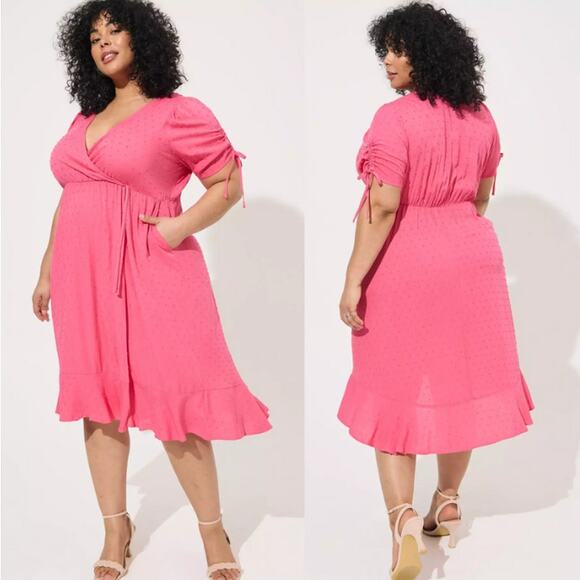 Torrid Womens Barbiecore Faux Wrap Swiss Dot Midi Dress Size 2X Honeysuckle Pink - Picture 1 of 11